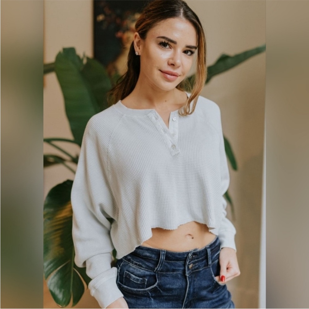 NWT Mono B Waffle Knit Oversized Crop Top Sz L - Picture 1 of 8